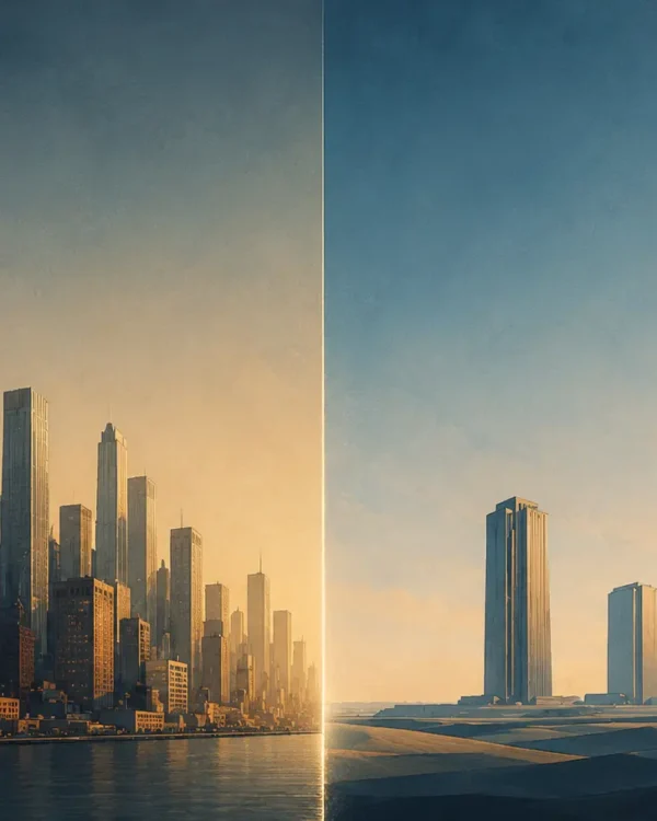 Split editorial illustration contrasting a dense cluster of towers with a smaller group of monumental structures, representing the choice between Dubai and Abu Dhabi for startups