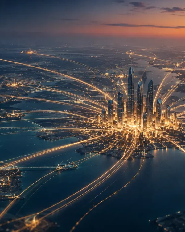 Illustration of converging light trails flowing into a dense Gulf business district skyline at dusk, representing Dubai's startup ecosystem attracting regional capital and founders